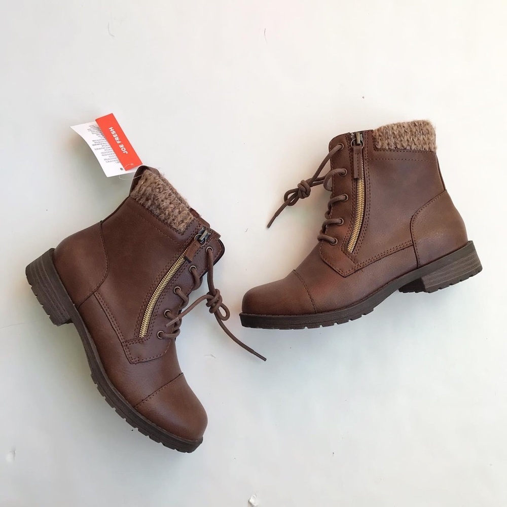 Joe Fresh NWT brown faux leather/zipper lace up  boots size 2 youth
